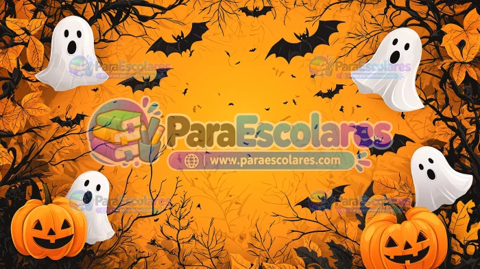 pumpkins-floating-ghosts-with-bats-orange-sky